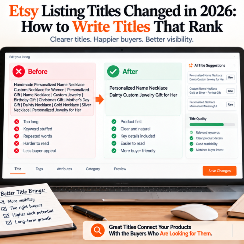 Etsy listing titles 2026 showing old keyword-stuffed titles versus clear buyer-friendly title optimization