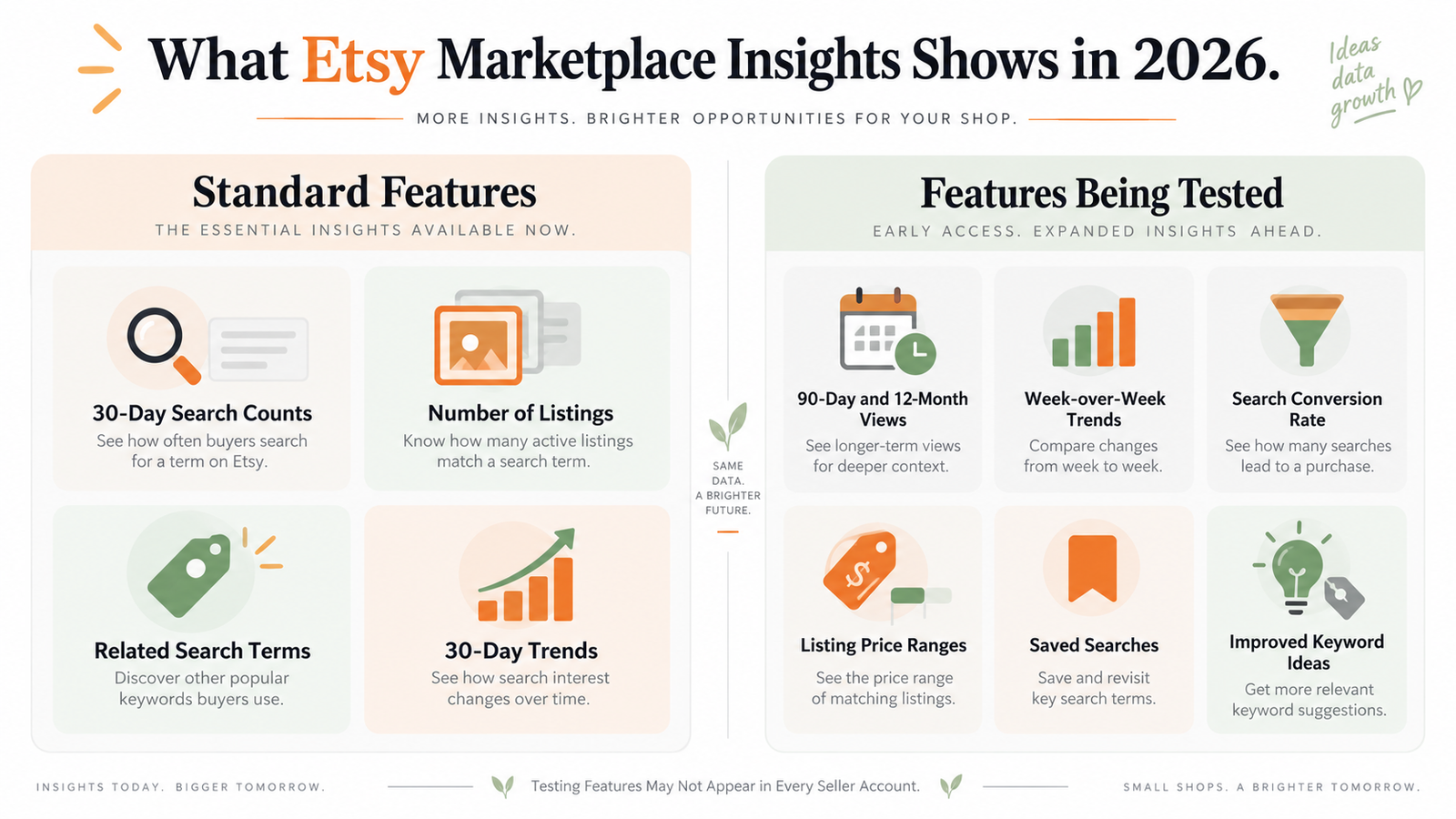Etsy Marketplace Insights features showing standard search data and experimental keyword research tools in 2026