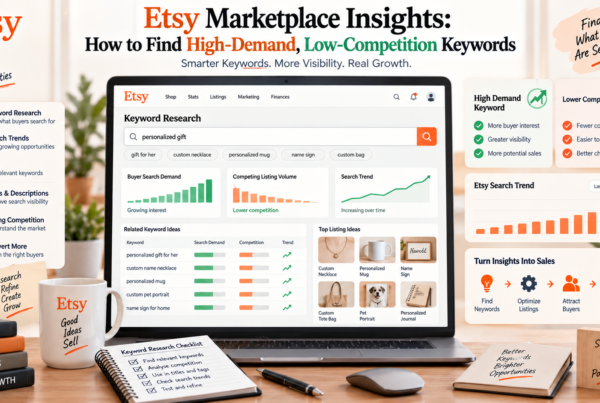 Etsy Marketplace Insights keyword research showing search demand listing competition related keywords and trends
