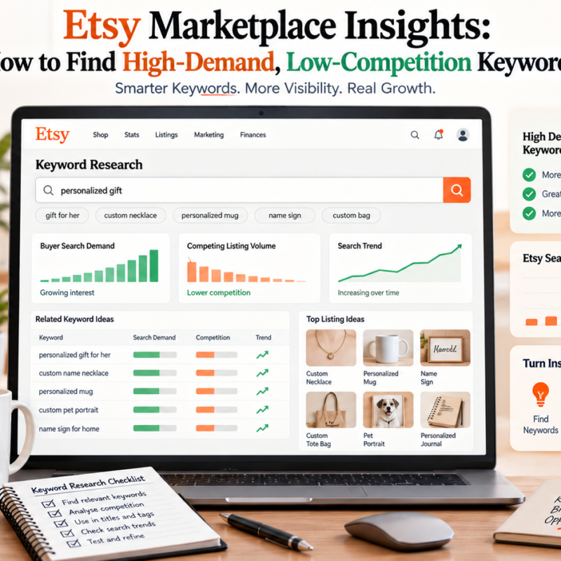 Etsy Marketplace Insights keyword research showing search demand listing competition related keywords and trends