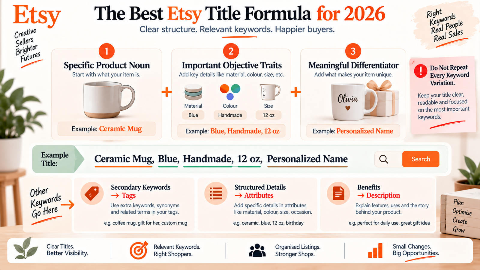 Etsy title formula for 2026 using product noun objective traits differentiator tags attributes and descriptions