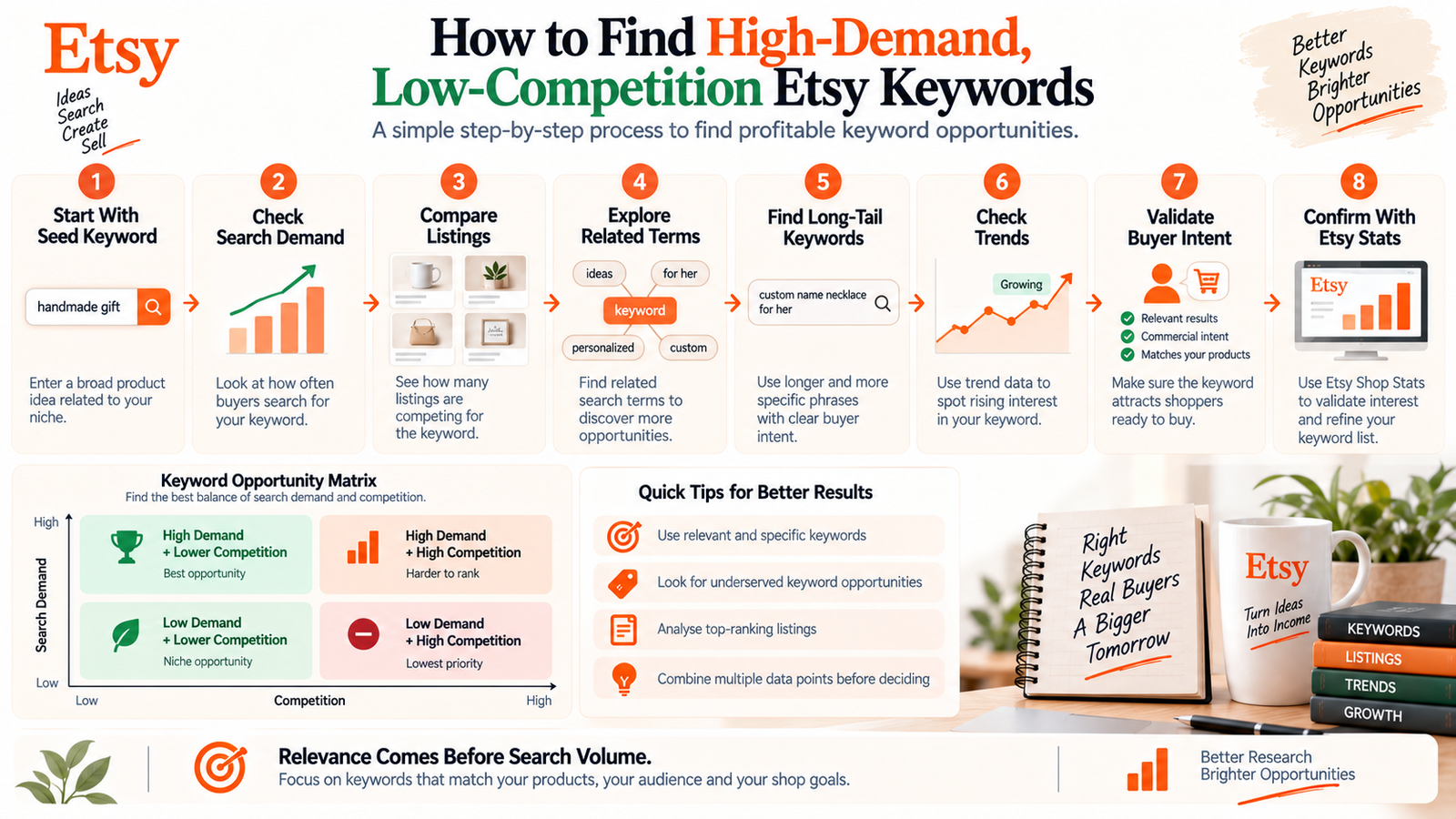 Workflow for finding high-demand low-competition Etsy keywords using demand listings trends buyer intent and Etsy Stats