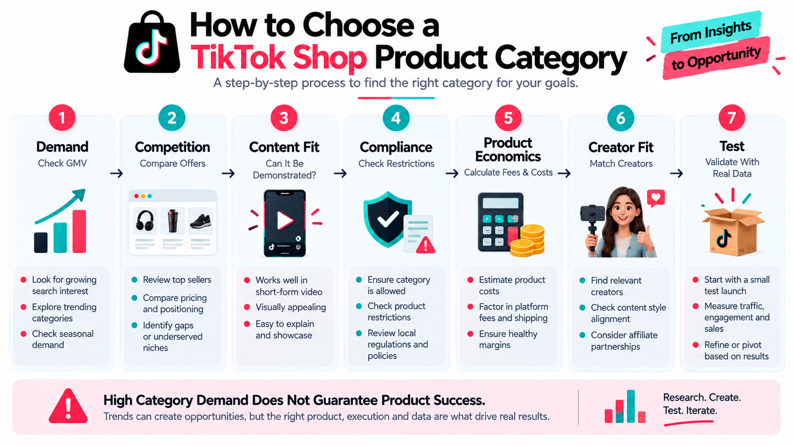 TikTok Shop product category selection workflow covering demand competition content compliance costs creators and testing