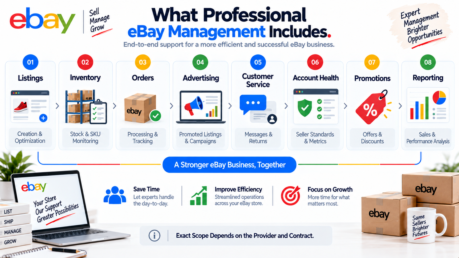Professional eBay management services including listings inventory orders advertising customer service account health promotions and reporting