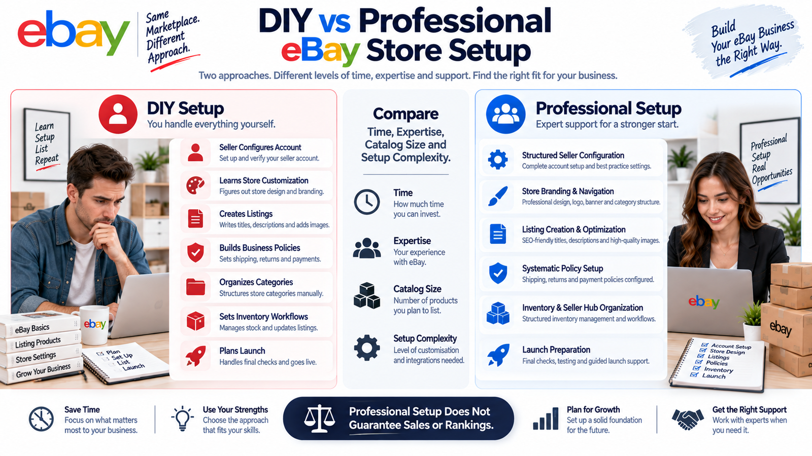Professional eBay setup vs DIY comparison for account listings branding policies inventory and launch preparation