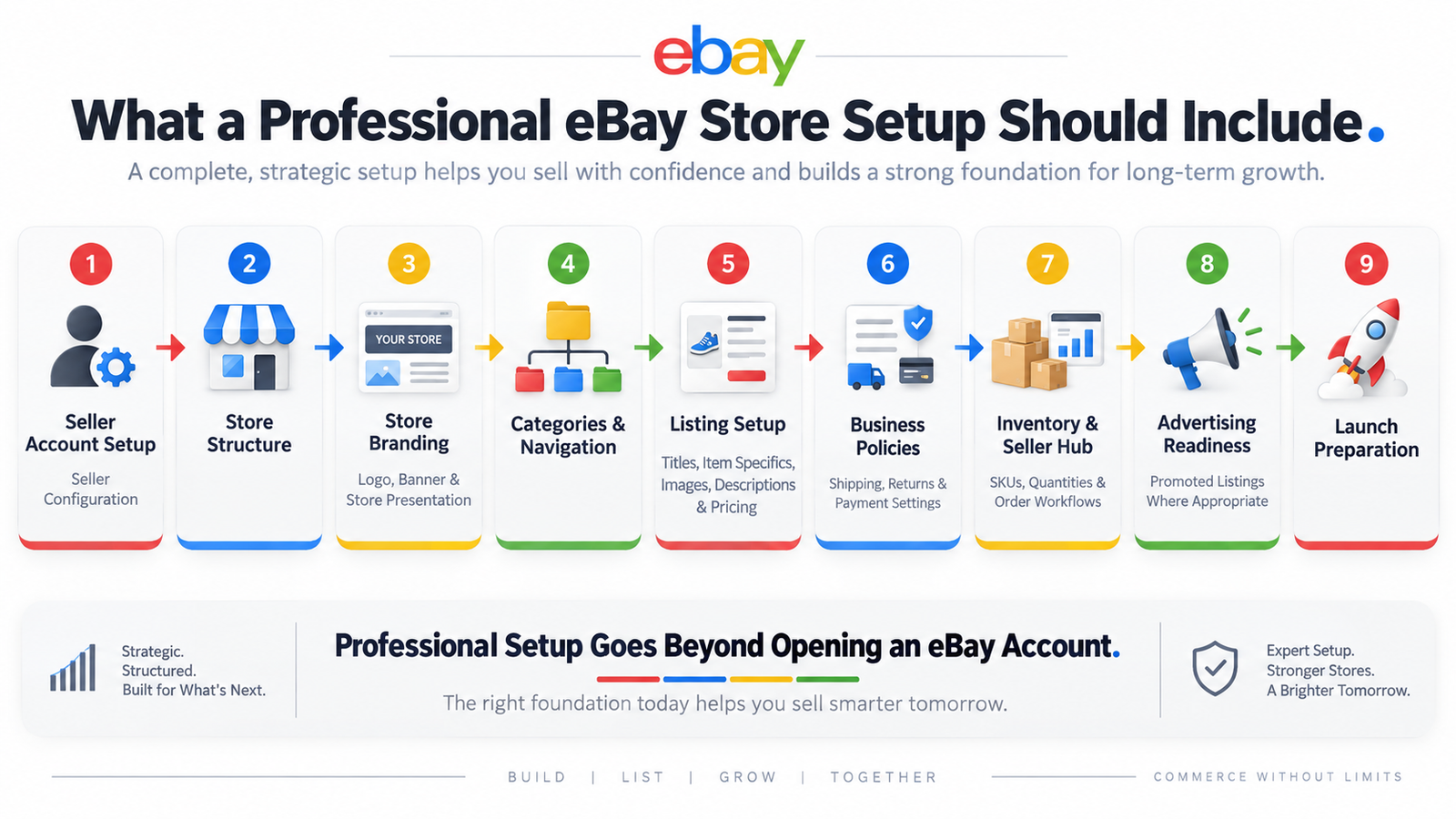 Professional eBay store setup including account configuration branding listings business policies inventory and launch preparation