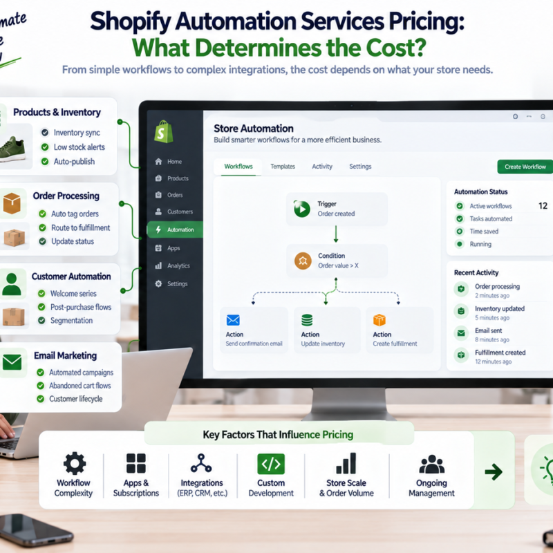 Shopify automation services pricing covering Flow workflows apps orders inventory API integrations and management costs