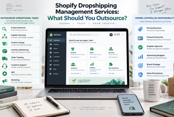 Shopify dropshipping management services showing outsourced operations and owner-controlled ecommerce responsibilities