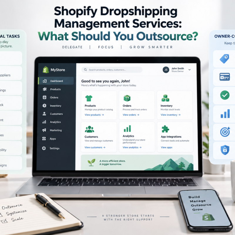 Shopify dropshipping management services showing outsourced operations and owner-controlled ecommerce responsibilities