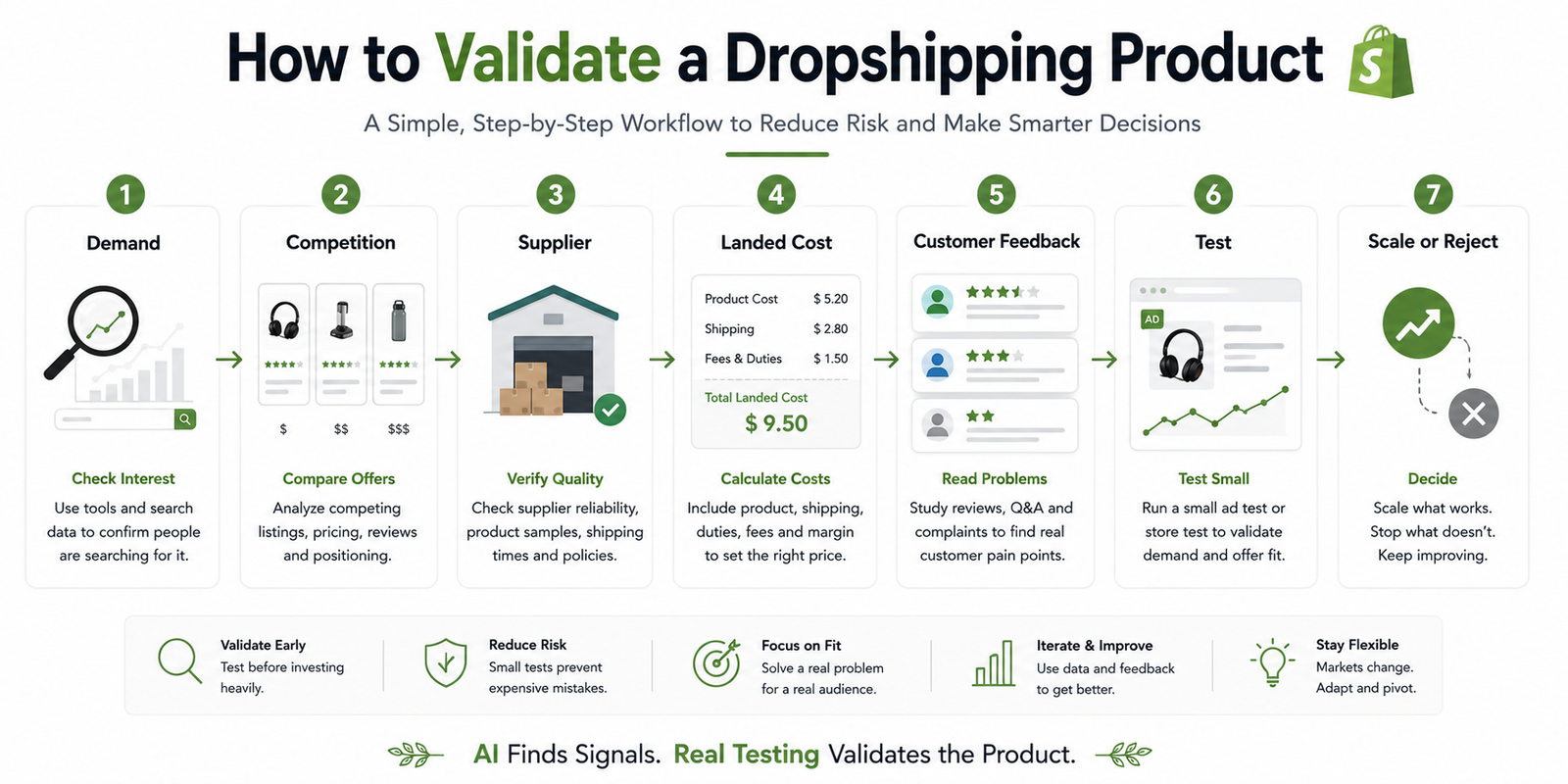 Shopify dropshipping product validation workflow covering demand competition suppliers costs reviews and testing