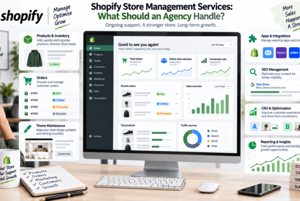 Shopify store management services covering products inventory maintenance apps SEO CRO orders analytics and reporting