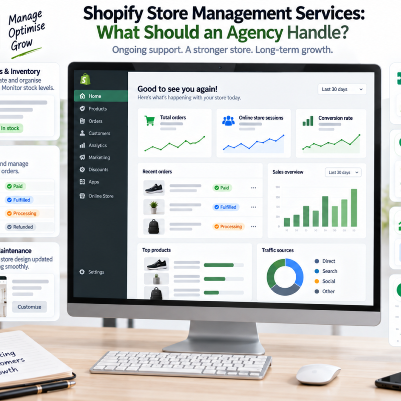 Shopify store management services covering products inventory maintenance apps SEO CRO orders analytics and reporting