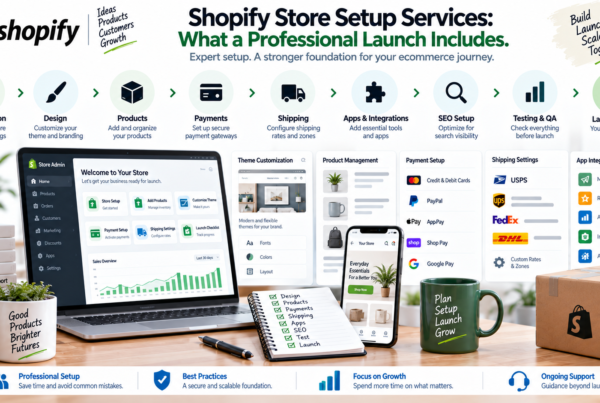 Shopify store setup services showing professional design configuration products payments SEO testing and launch