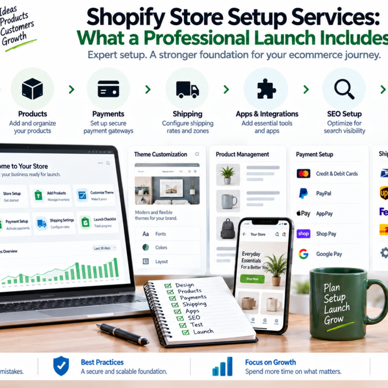 Shopify store setup services showing professional design configuration products payments SEO testing and launch