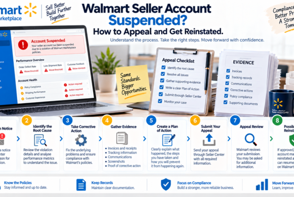 Walmart seller account suspension appeal process showing notice root cause evidence corrective action and reinstatement