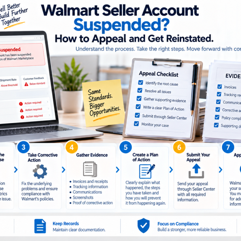 Walmart seller account suspension appeal process showing notice root cause evidence corrective action and reinstatement