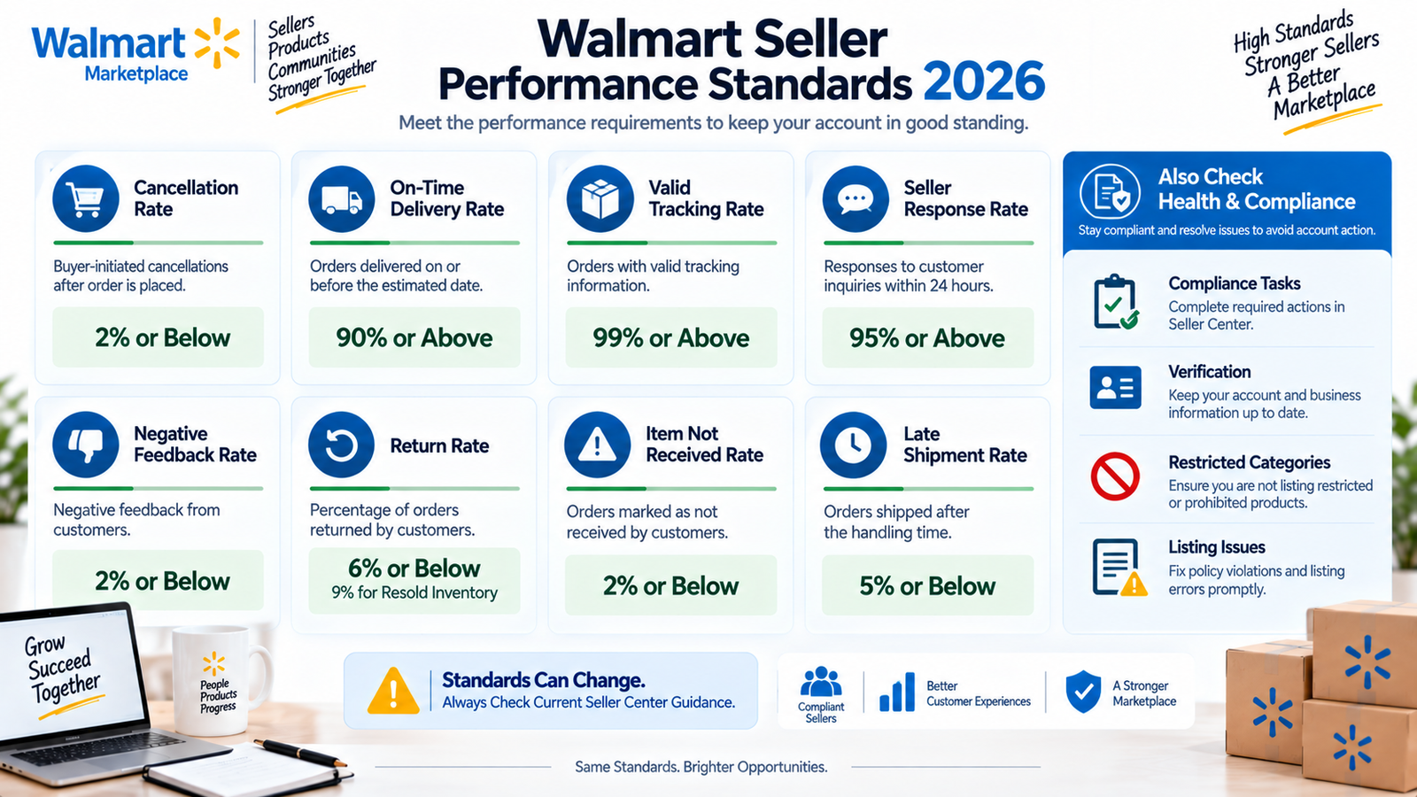 Walmart seller performance standards 2026 showing cancellation delivery tracking response returns and late shipment metrics