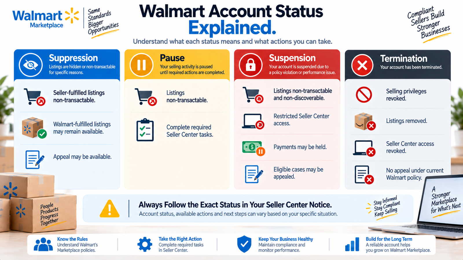 Walmart account suppression pause suspension and termination differences with appeal options