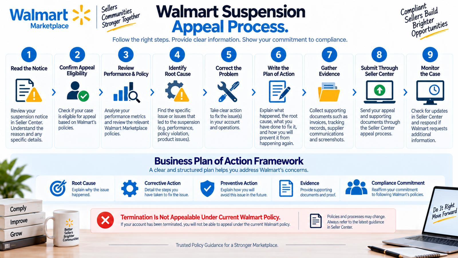 Walmart suspension appeal process showing notice root cause corrective actions Plan of Action evidence and Seller Center submission