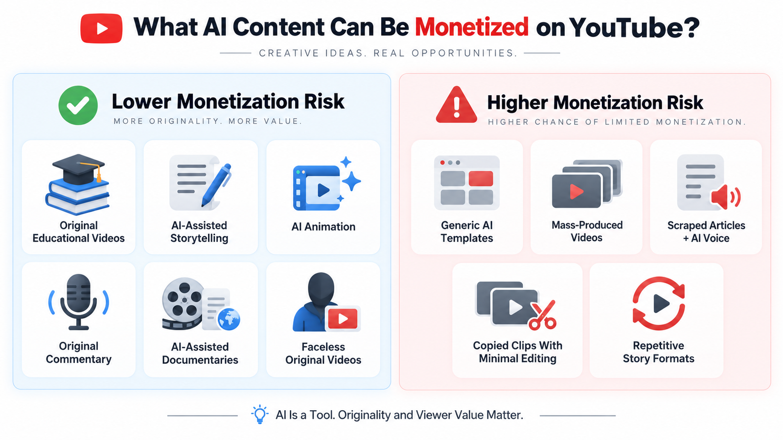 YouTube AI content monetization infographic comparing original AI-assisted videos with mass-produced and repetitive content