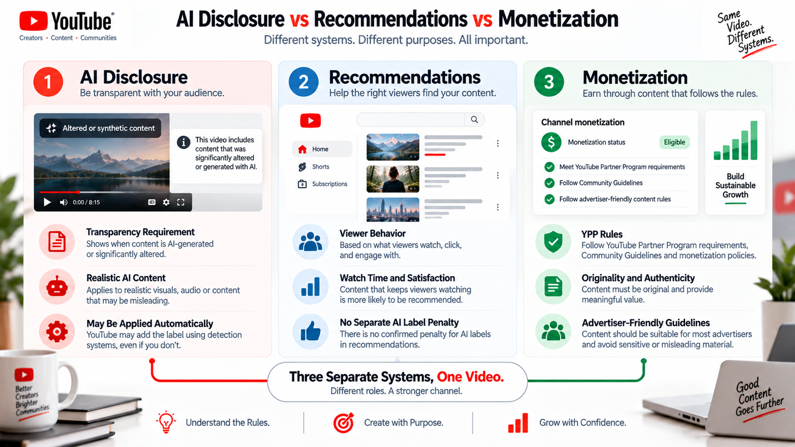 Comparison of YouTube AI disclosure recommendations and monetization rules for AI-generated videos