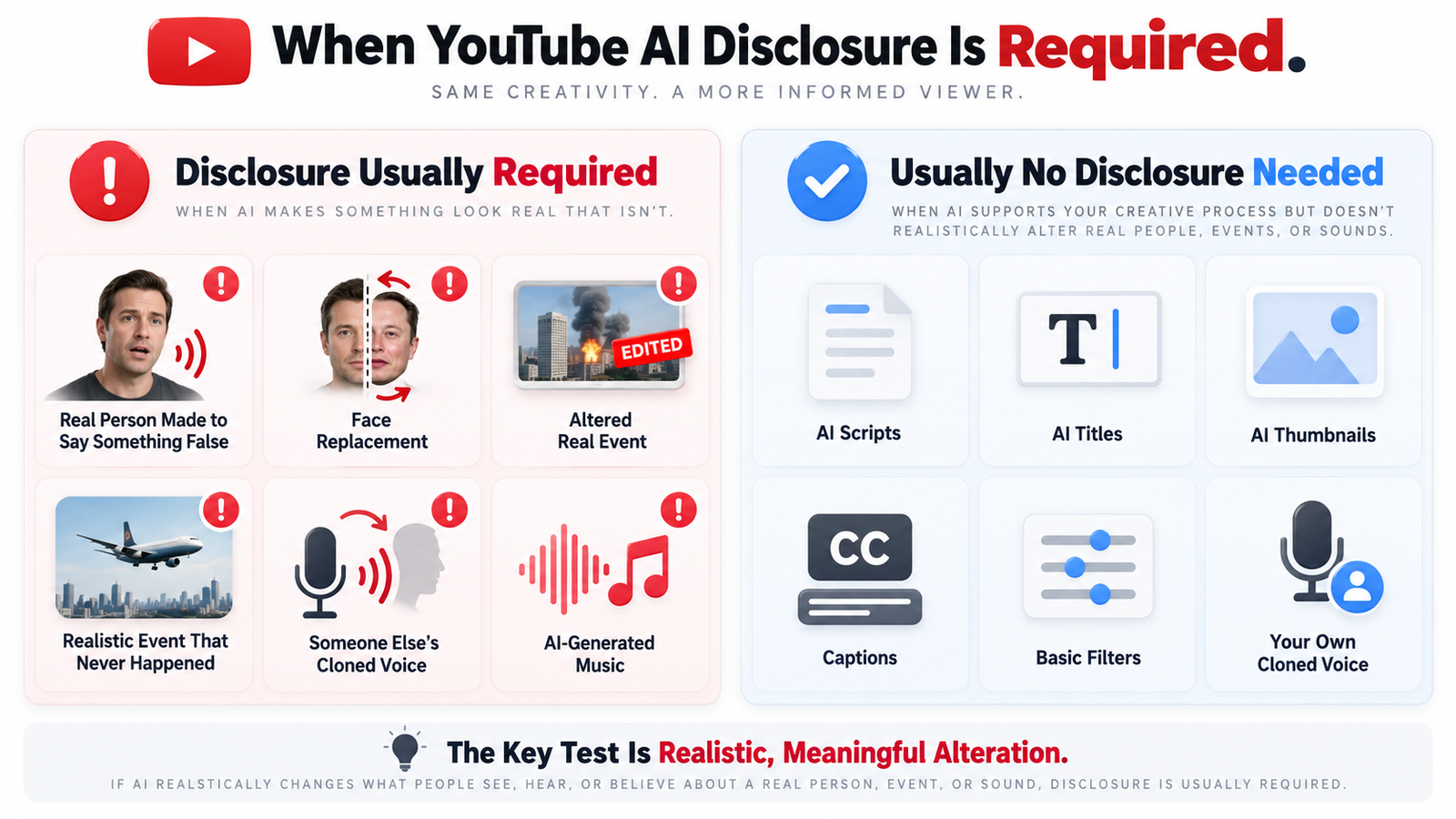 YouTube AI disclosure requirements showing when realistic AI content needs a label and when disclosure is usually not required