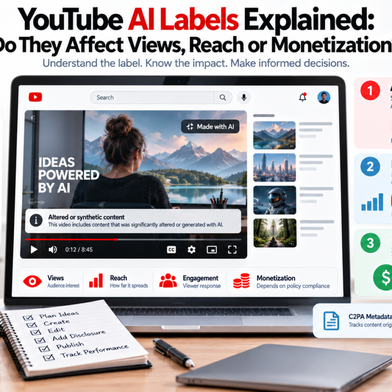 YouTube AI labels 2026 showing AI disclosure views reach recommendations and monetization