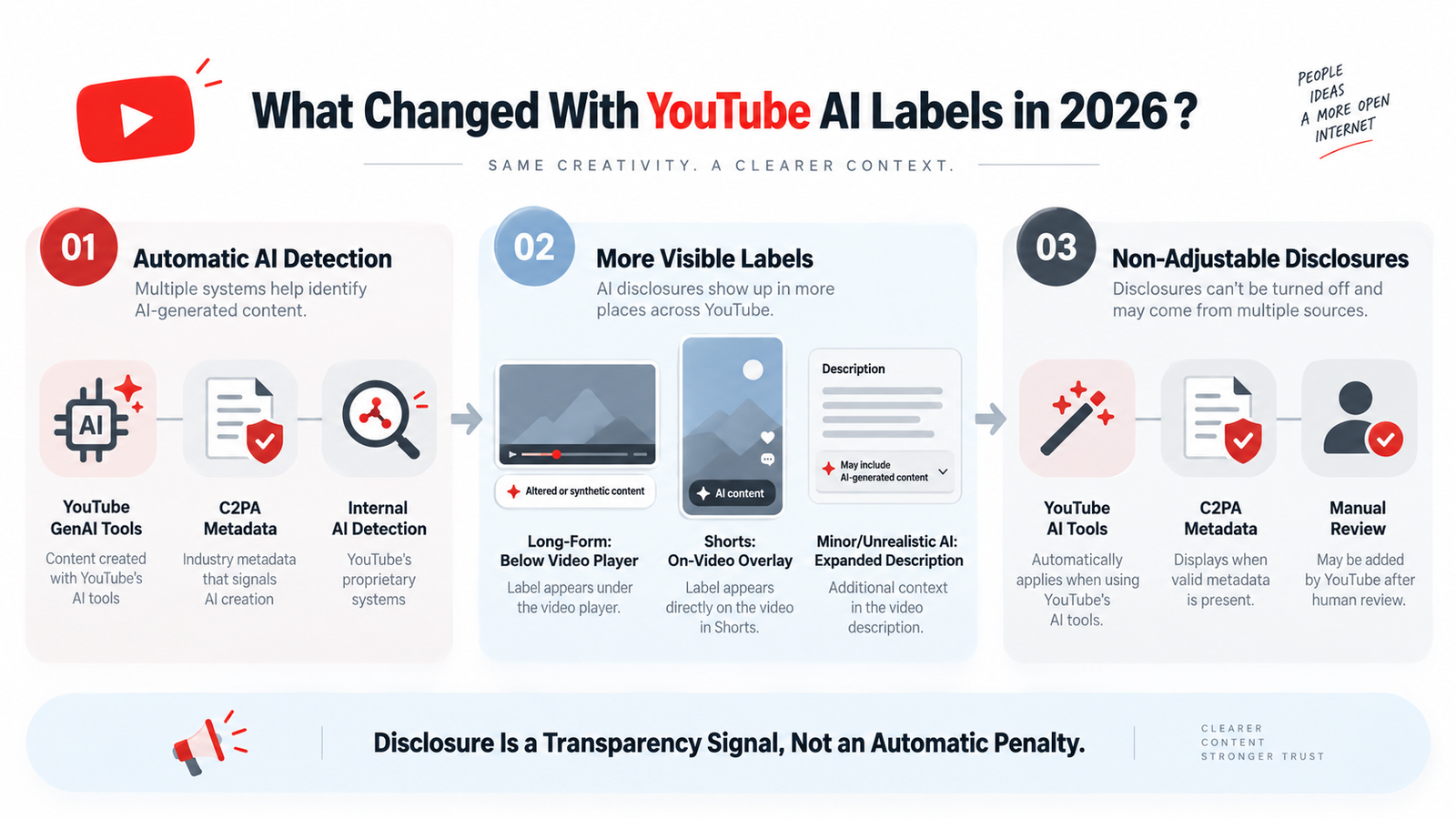 YouTube AI labels 2026 changes showing automatic detection label placement C2PA and manual review