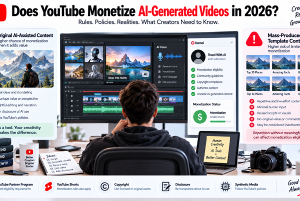 YouTube AI monetization 2026 showing original AI-generated videos versus repetitive content and monetization eligibility