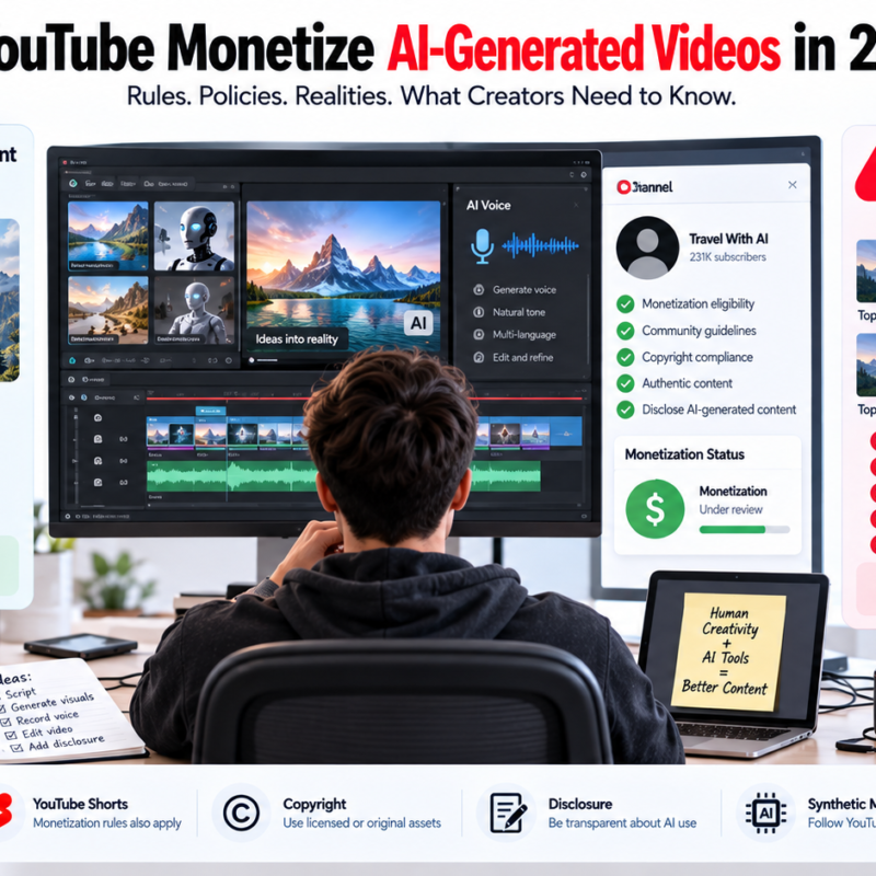 YouTube AI monetization 2026 showing original AI-generated videos versus repetitive content and monetization eligibility