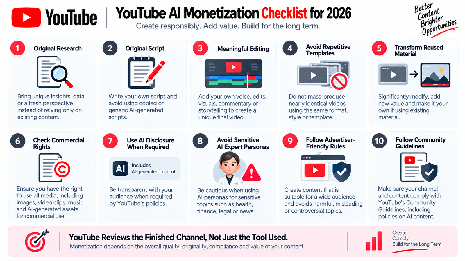 YouTube AI monetization checklist for 2026 covering originality AI disclosure reused content commercial rights and YPP compliance