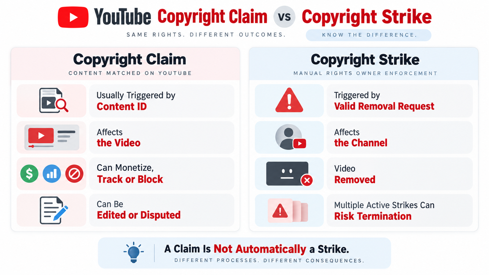 YouTube copyright claim vs copyright strike comparison showing Content ID video impact and channel penalties