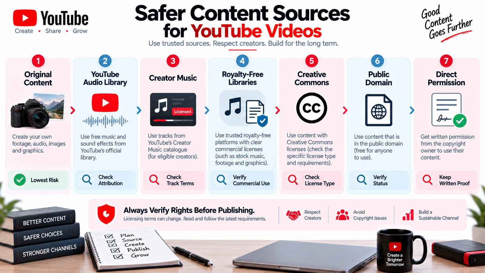 Copyright-safe content sources for YouTube including original content Audio Library Creator Music Creative Commons and public domain