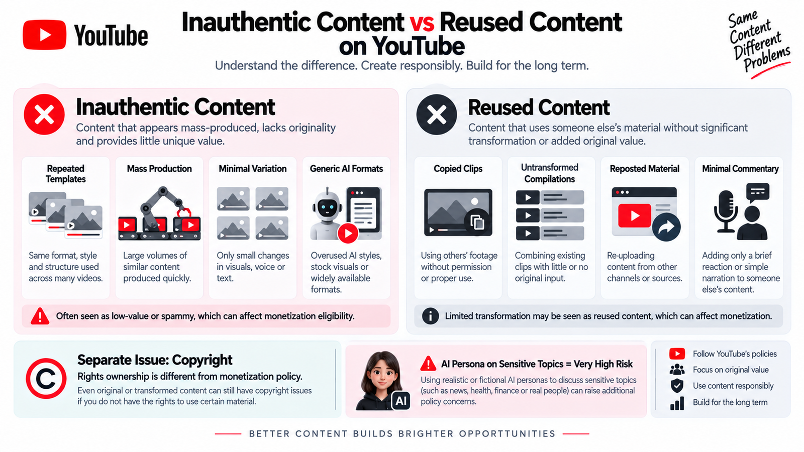 Difference between YouTube inauthentic content reused content and copyright for AI-generated videos in 2026